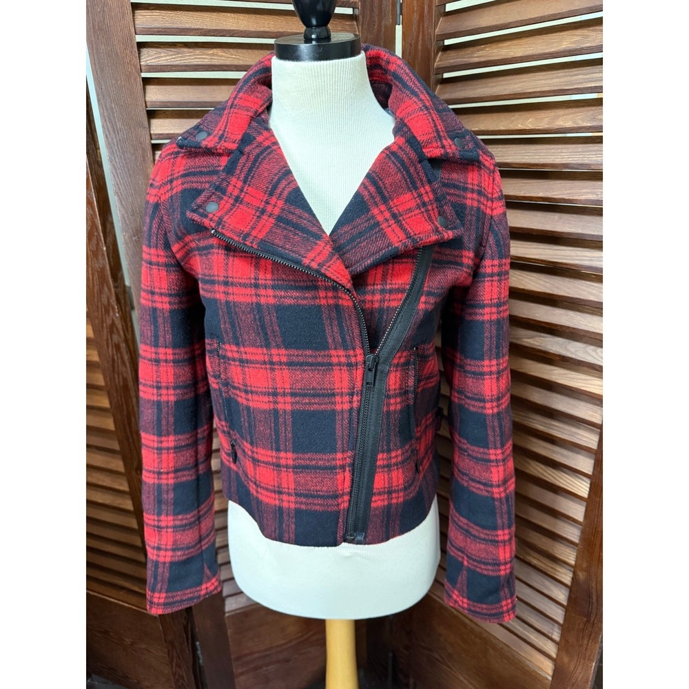 GAP Womens Red Black Plaid Wool Blend Moto Jacket XS